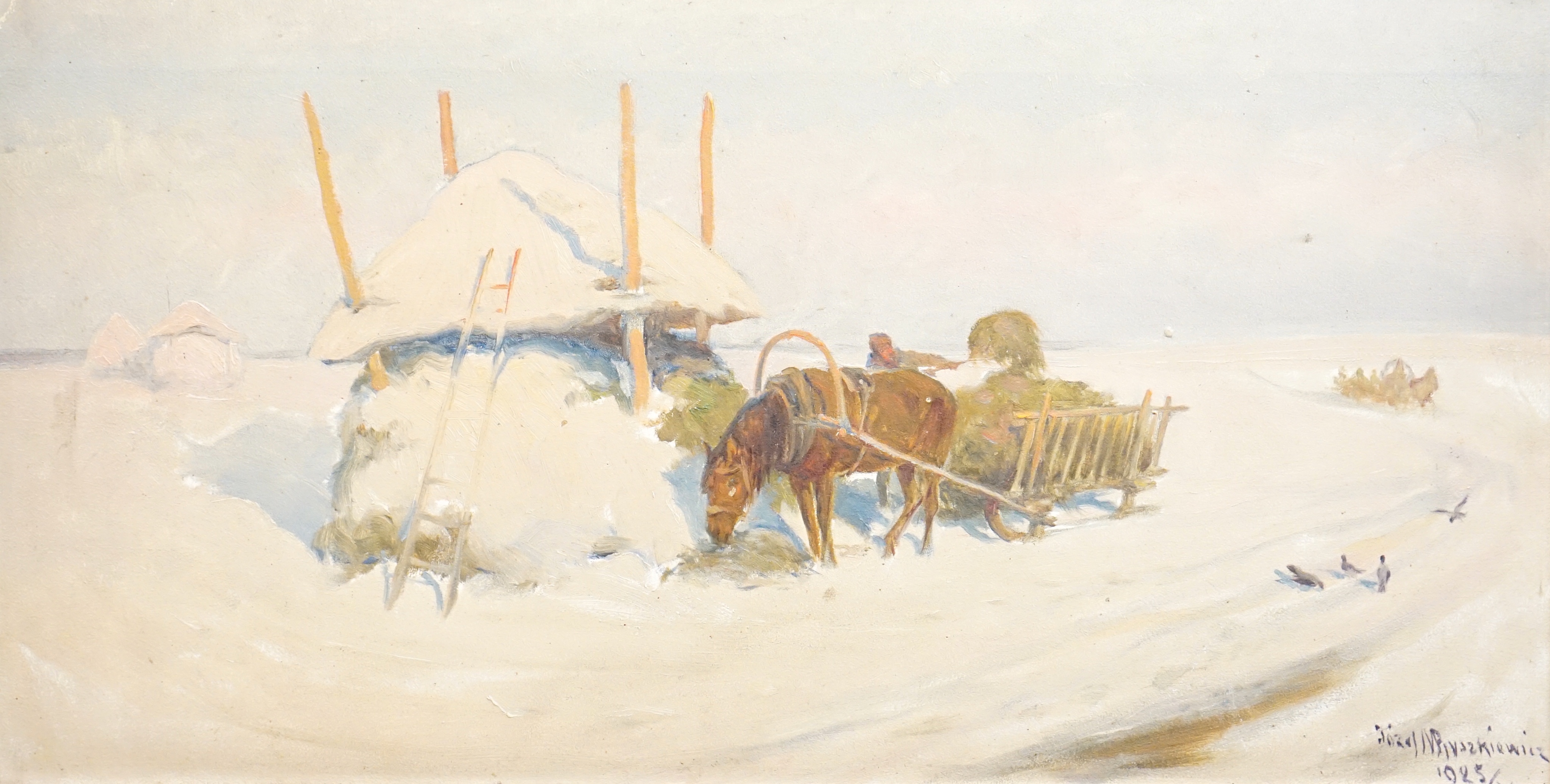 Józef Ryszkiewicz (Polish, 1856-1925), Winter landscape with figure loading a haycart, a troika beyond, oil on artist board, 34 x 66cm